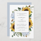 Zonnebloemen Stof Blauwe Bloemen Elegante Trouw Kaart (Voorkant / Achterkant)