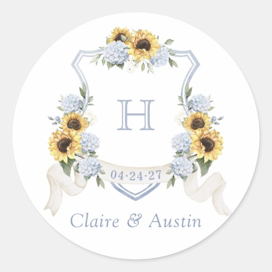 Zonnebloemen Stofblauwe Hortensia Kuif Envelope Ronde Sticker (Voorkant)