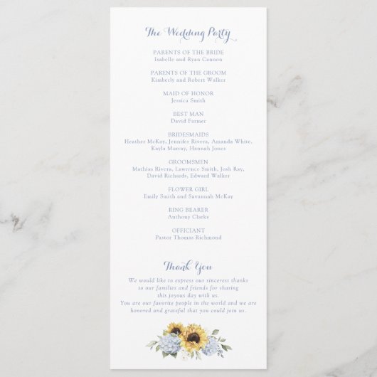 Zonnebloemen Stoffig Blauw Hydrangea Crest Bruilof Programmakaart (Achterkant)