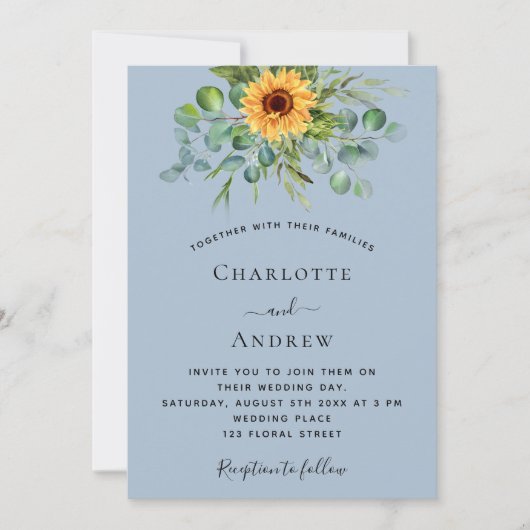 Zonnebloemen stoffige blauwe eucalyptus groen brui kaart (Voorkant)