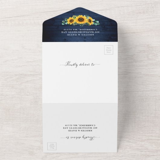 Zonnebloemen stralen Roustische marineblauw huweli All In One Uitnodiging (Buitenkant)