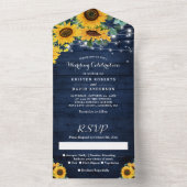 Zonnebloemen stralen Roustische marineblauw huweli All In One Uitnodiging (Binnen)