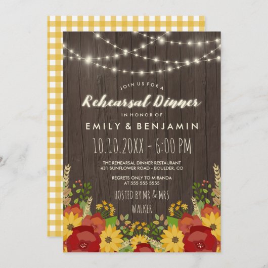 Zonnebloemen & Strijklichten Rustiek repetitie din Kaart (Voorkant / Achterkant)