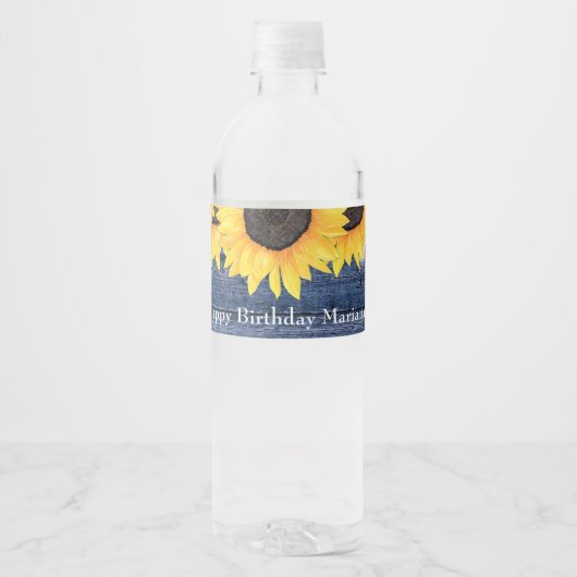Zonnebloemen String Blauwe Birthday Party Waterfles Etiket (Voorkant)