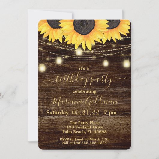 Zonnebloemen String Lights Birthday Party Invitati Kaart (Voorkant)