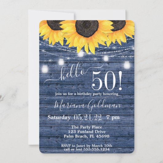 Zonnebloemen String Lights Blue 50th Birthday Part Kaart (Voorkant)