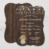 Zonnebloemen String Lights Old Wood Wedding Kaart (Voorkant / Achterkant)