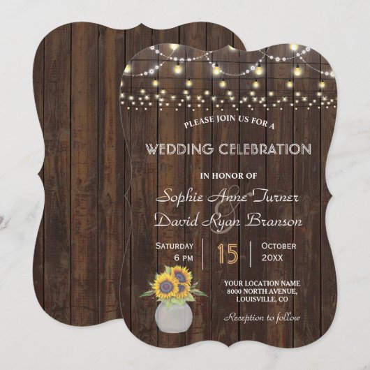 Zonnebloemen String Lights Old Wood Wedding Kaart (Voorkant / Achterkant)