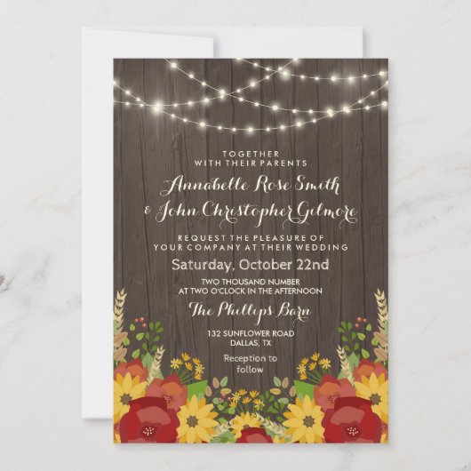Zonnebloemen & String Lights Rustieke bruiloft Kaart (Voorkant)