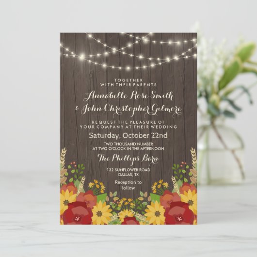 Zonnebloemen & String Lights Rustieke bruiloft Kaart (Staand voorkant)