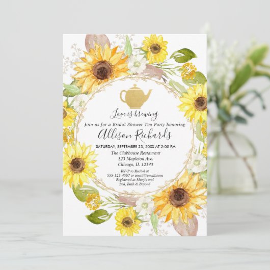 Zonnebloemen Tea party bridal douche-uitnodiging Kaart (Staand voorkant)