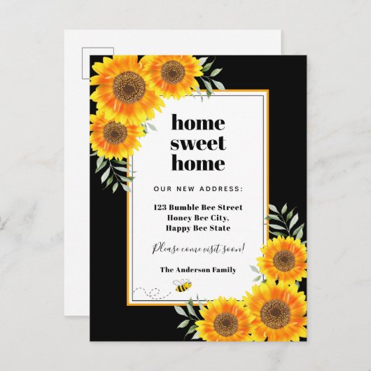 Zonnebloemen thuis zoete zwarte moderne omgeving aankondigingskaart (Voorkant / Achterkant)