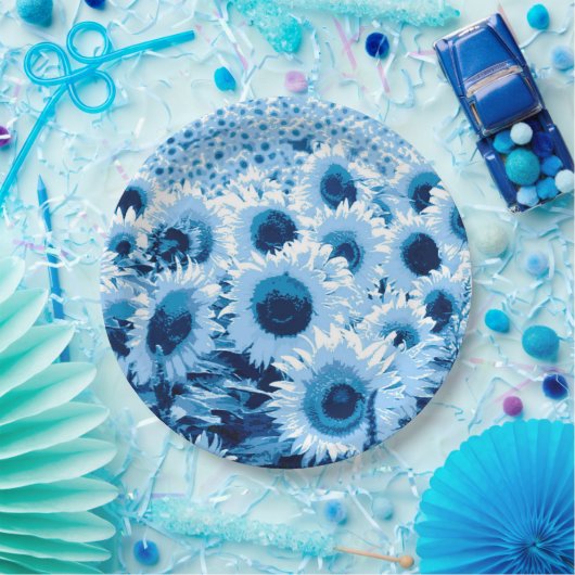 Zonnebloemen - tinten blauw papieren bordje (Feest)