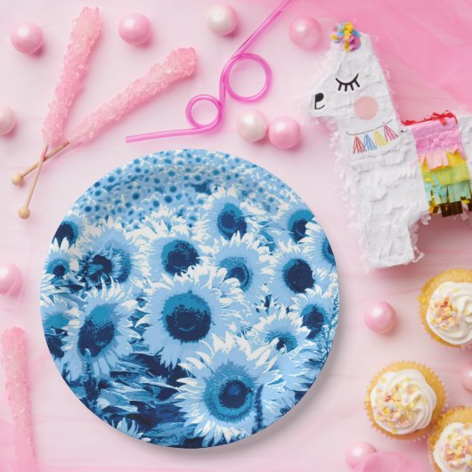 Zonnebloemen - tinten blauw papieren bordje (Feest)