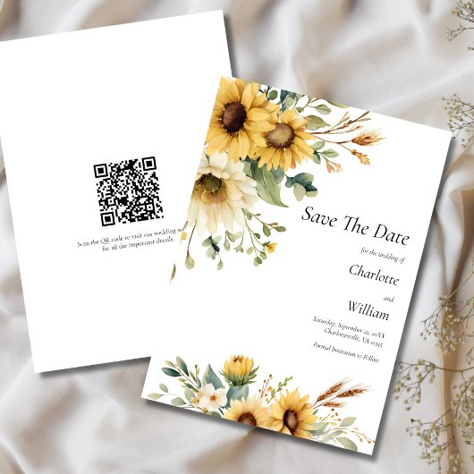 Zonnebloemen Trouwen Bewaar De Datum QR-code Kaart