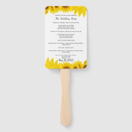 Zonnebloemen Trouwprogramma Fan. Helianthus Menu Handwaaier (Achterkant)