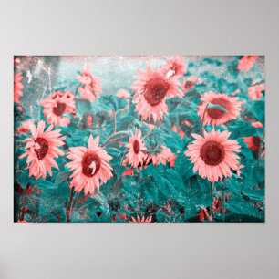 Zonnebloemen Turquoise Roze Bloemig Vintage Grunge Poster