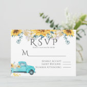 Zonnebloemen Turquoise Truck Wedding RSVP Kaart (Staand voorkant)