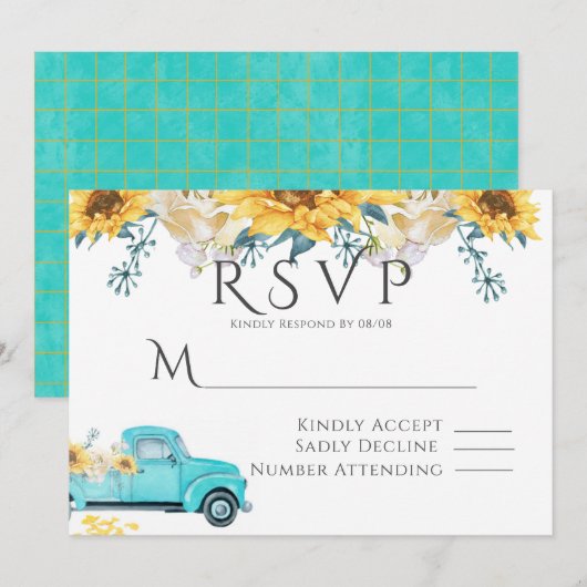 Zonnebloemen Turquoise Truck Wedding RSVP Kaart (Voorkant / Achterkant)