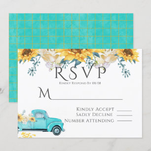 Zonnebloemen Turquoise Truck Wedding RSVP Kaart