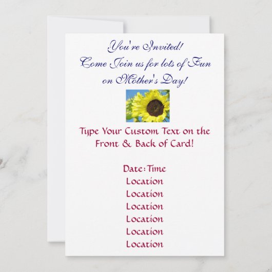 Zonnebloemen U wordt uitgenodigd Moederdag Kaart (Achterkant)