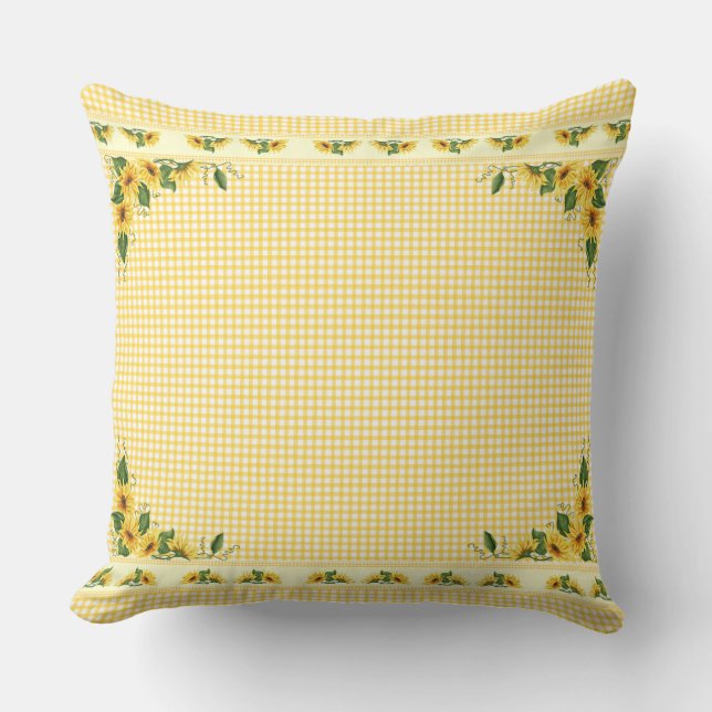 Zonnebloemen van de landgele Gingham Kussen (Voorkant)