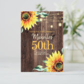 Zonnebloemen van het 50ste Rustic Wood String Ligh Bedankkaart (Staand voorkant)