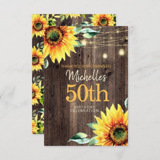 Zonnebloemen van het 50ste Rustic Wood String Ligh Bedankkaart (Voorkant / Achterkant)