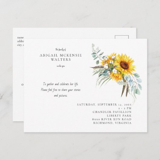 Zonnebloemen viering van het leven uitnodiging (Voorkant / Achterkant)