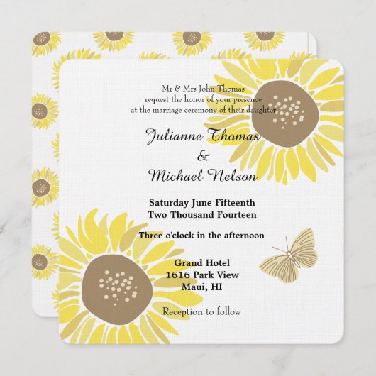 Zonnebloemen vlinder bruiloft kaart (Voorkant / Achterkant)