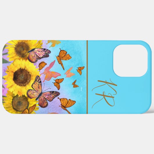 Zonnebloemen Vlinderpatroonmonogrammen Initialen Case-Mate iPhone Case (Achterkant / Rechts)