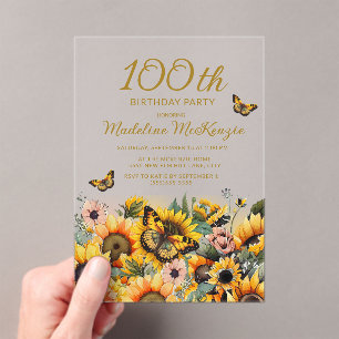 Zonnebloemen Vlinders 100e Verjaardagsfeestje Acryl Uitnodigingen