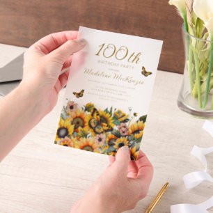Zonnebloemen Vlinders 100ste Verjaardagsfeestje Vellum Uitnodigingen
