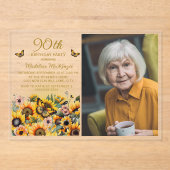Zonnebloemen Vlinders 90e verjaardag Party Foto Acryl Uitnodigingen (Voorkant)