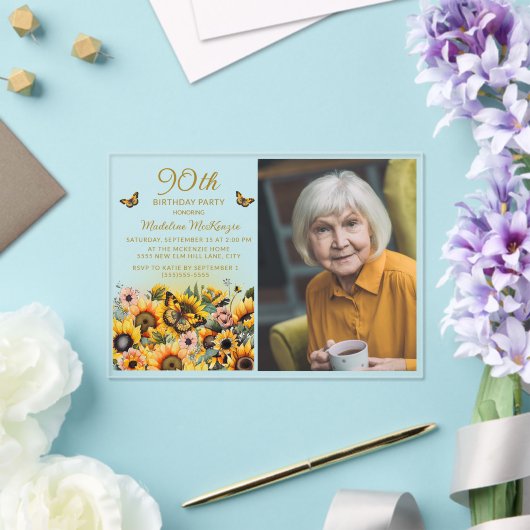 Zonnebloemen Vlinders 90e verjaardag Party Foto Acryl Uitnodigingen (Insitu (Huwelijk))