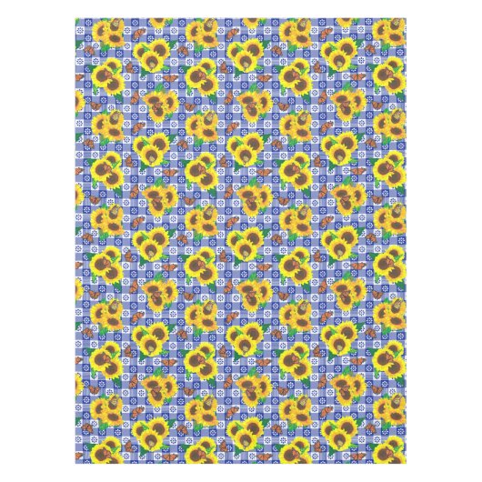 Zonnebloemen Vlinders Blue Gingham Tafelkleed (Voorkant)