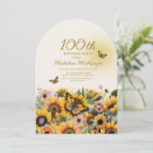 Zonnebloemen Vlinders Boog 100ste Verjaardag Party Kaart (Staand voorkant)