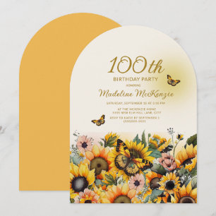 Zonnebloemen Vlinders Boog 100ste Verjaardagsfeest Kaart