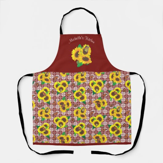 Zonnebloemen Vlinders Red Gingham Schort (Voorkant)