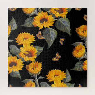 Zonnebloemen & Vlinders: Waterverf Zwart Backgro Legpuzzel