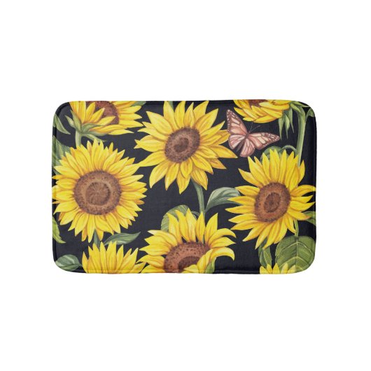 Zonnebloemen, vlinders, waterverf zwarte achtergro badmat (Voorkant)