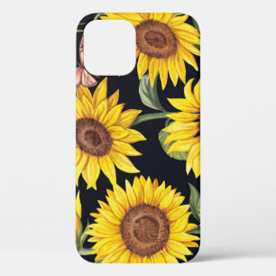 Zonnebloemen, vlinders, waterverf zwarte achtergro Case-Mate iPhone case