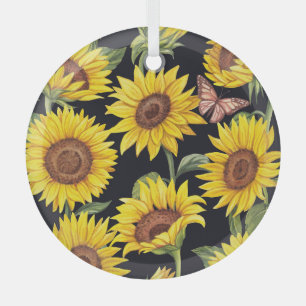 Zonnebloemen, vlinders, waterverf zwarte achtergro glas ornament