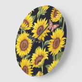 Zonnebloemen, vlinders, waterverf zwarte achtergro grote klok (Hoek)