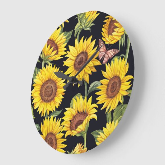 Zonnebloemen, vlinders, waterverf zwarte achtergro grote klok (Hoek)