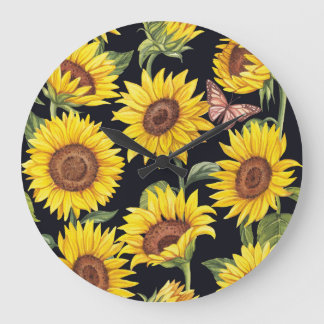 Zonnebloemen, vlinders, waterverf zwarte achtergro grote klok