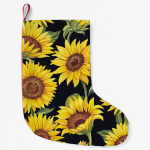 Zonnebloemen, vlinders, waterverf zwarte achtergro kleine kerstsok