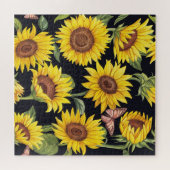 Zonnebloemen, vlinders, waterverf zwarte achtergro legpuzzel (Horizontaal)
