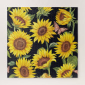 Zonnebloemen, vlinders, waterverf zwarte achtergro legpuzzel (Verticaal)