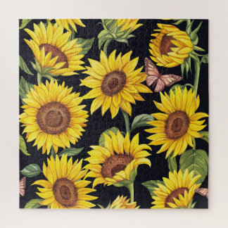 Zonnebloemen, vlinders, waterverf zwarte achtergro legpuzzel